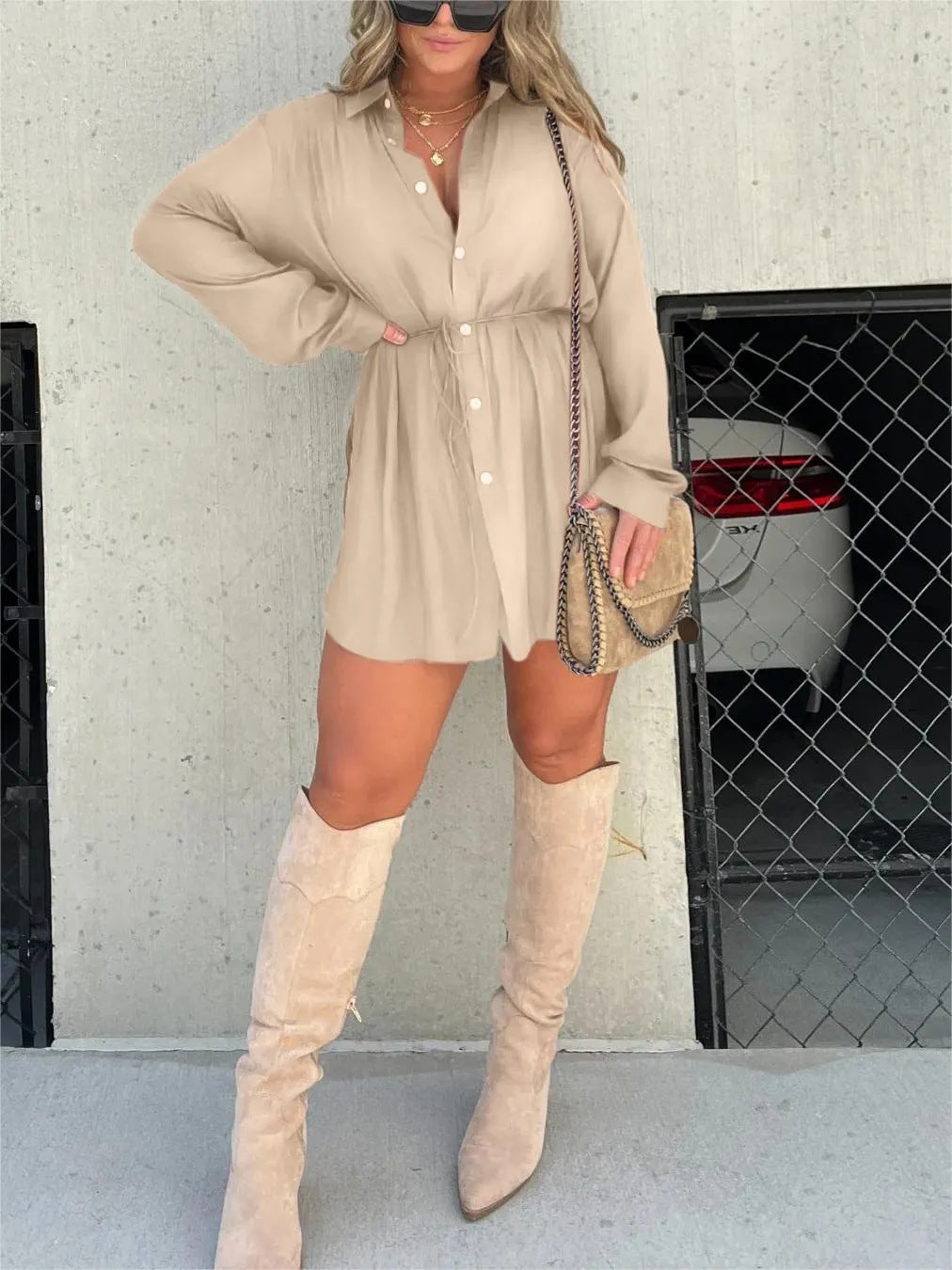 Women's Long Sleeve Jumpsuit With Button Fashion Shirt Dress - Chic Angle